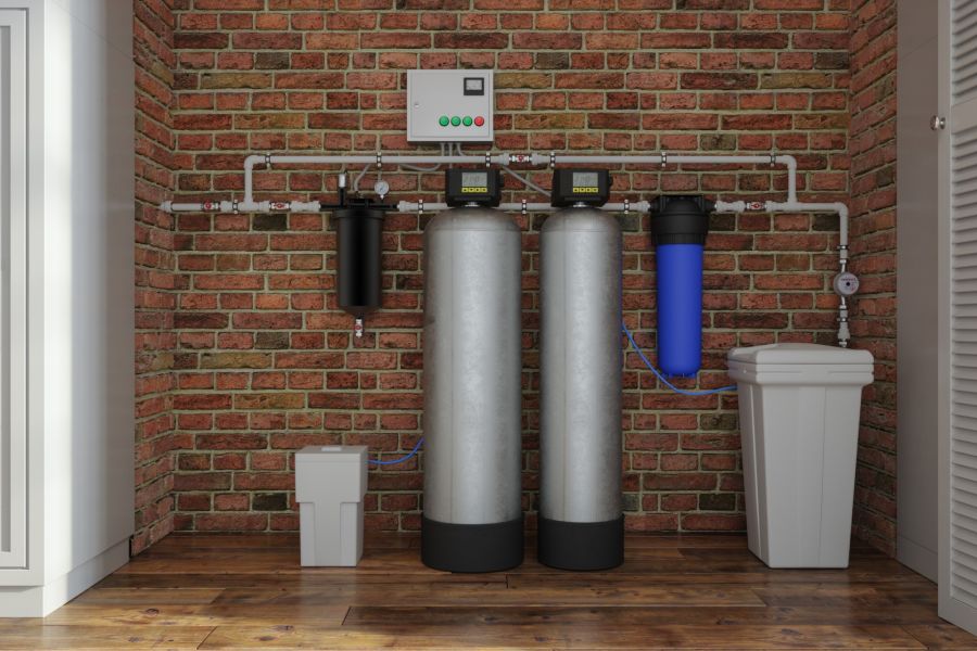 Whole home water filtration system with tanks, filters, and control panel in a brick utility room
