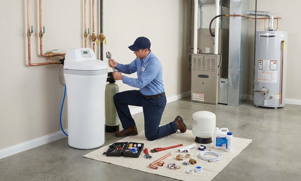 Plumber installing a water softener system in a home utility room with pipes and tools nearby